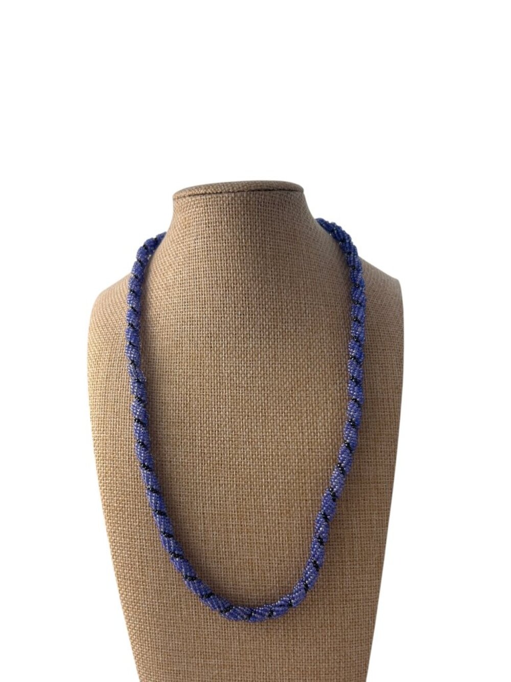 Blue Seed Bead Twisted Rope Necklace Black Spiral Accent Beaded